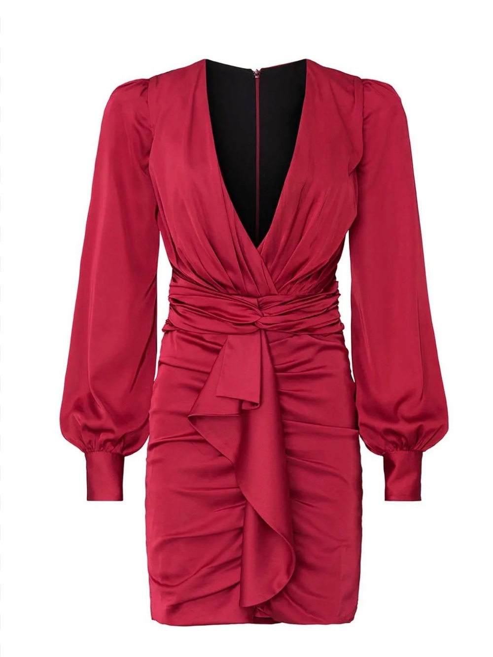 PatBO Ruby Red Satin Ruched Mini Dress Long Sleeve Deep V-Neck Size 8 - Picture 2 of 7